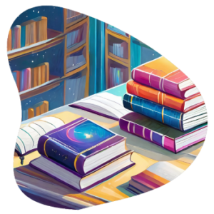 Illustration of a library and books